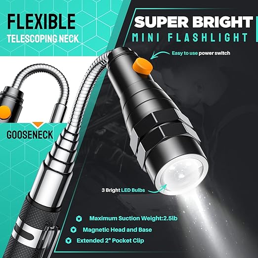 Telescoping Magnetic Pickup Tool Set, Inspection Mirror Telescoping, LED Flashlight, Cool Gadgets for Men, Gifts for Dad, Husband, Kids, Boyfriend, Magnet Stick