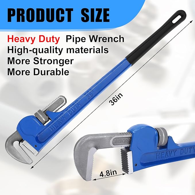 Gisafai 36" Straight Heavy Duty Pipe Wrench Set Plumber Adjustable Water Alloy Steel Grip Plumber's Wrench Plumbing Tools, Blue