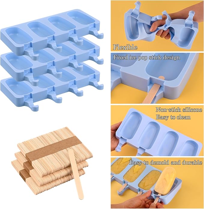 Sakolla Large Silicone Popsicle Molds Set of 3, Oval 4 Cavities Homemade Ice - Image 3