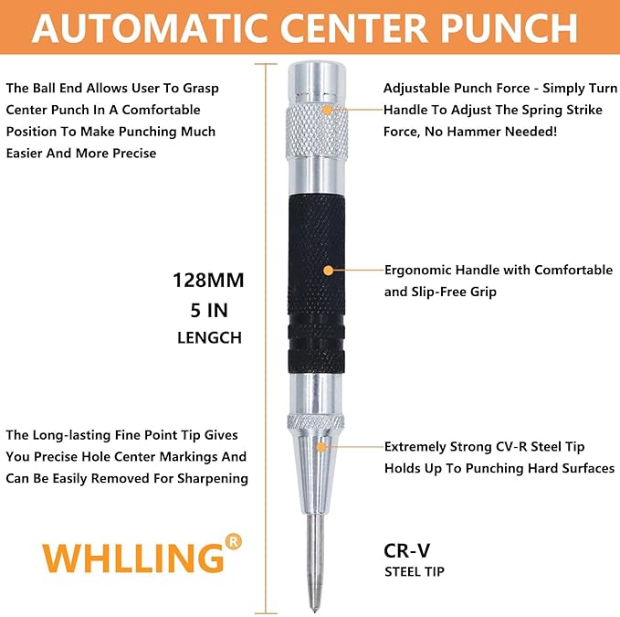 2-Piece Automatic Center Punch, 5 inch Spring Loaded Center Hole Punch with Adjustable Stroke Punch Tool for Metal Wood Glass Plastic, Metal Punch Tool for Woodworking