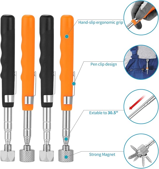 4 Pieces 20LBs Telescoping Magnetic Pickup Tool, with Pen Clip Design, Magnet Stick Rod Extendable 7" to 30.5" for Men, Birthday, Father's Day, Christmas Gift