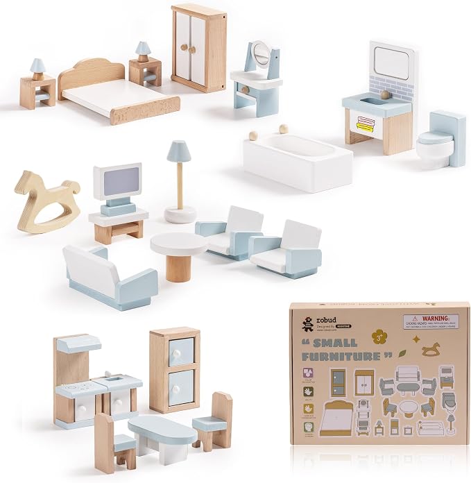 ROBUD Wooden Dollhouse Furniture Set, Miniature Furniture Including 5 Room Kits by ROBUD