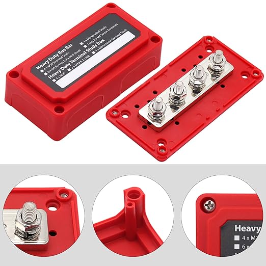 300A Bus Bar Box 12V 24V 48V DC Terminal Studs 4XM8(5/16") Heavy Duty Bus Bar Power Distribution Block for RV Car Truck Battery Marine Automotive, Red