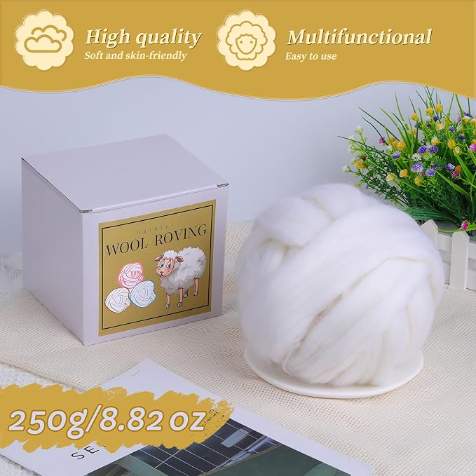 QMNNMA Wool Roving Bulk, 8.82oz Needle Felting Wool, Wool Roving Top-White | - Image 2
