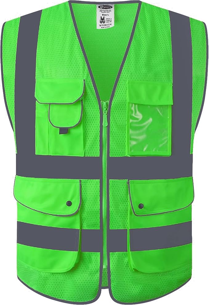 JKSafety 9 Pockets High Visibility Safety Vest for Men and Women, Hi-Vis Reflective Green Safety Vests with Zipper Front, Meet ANSI/ISEA Standards(159-Green 4XL)