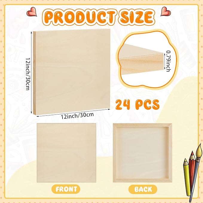Barydat 24 Pcs Wood Panels for Painting 12'' x 12'' Unfinished Wood Canvas - Image 2