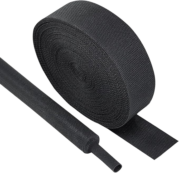 Black 2:1 Ratio Automotive Heat Shrink Braided Sleeving,Wear-Resistant Flat Woven Shrinkable Sleeve Fabric Car Cable Wires Hoses Protection (1"-26ft)