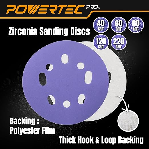 POWERTEC PRO 50PK, 5 Inch Sanding Discs Hook and Loop, 40/60/80/120/220 Grit, Zirconia Orbital Sander Sandpaper for 5 & 8 Hole Random Orbital Sanders-Automotive, Paint, Metal, Woodworking (45300Z-50)