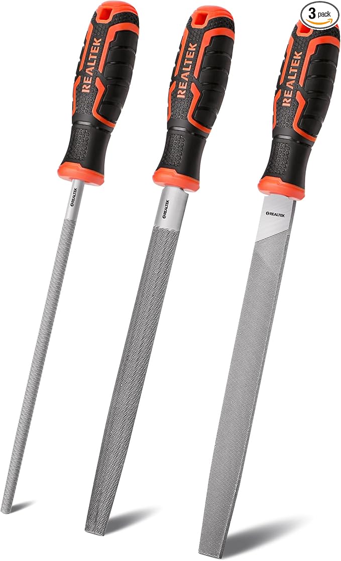 REALTEK 3-Piece Metal File Set, 12-inch Double Sided Steel Set, Includes Half-Round/Round/Flat Files, T12 Carbon Sharpening File, Professional Hand Files for Hard Metal Shaping