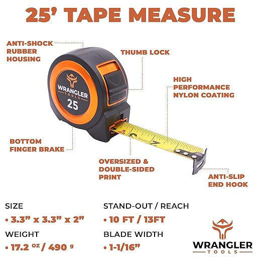 Tape Measure 25 FT - Measuring Tape Retractable - Oversized & Double-Sided Print - Blade Lock, Finger Brake - High Performance Nylon Coating, 10' Stand-Out - 13' Reach / 1-1/16" Blade