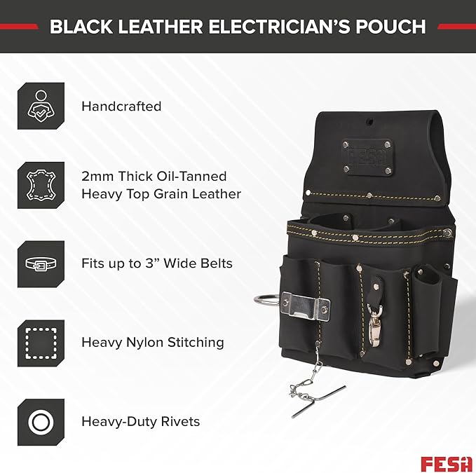 FESA Leather Electrician Tool Pouch - 13-in-1 Top Grain Leather Electrician Pouch w/Steel Hammer Loop, Tape Measure Clip, Tape T-Chain & 6 Pockets - Fits Belts up to 3" - Handcrafted
