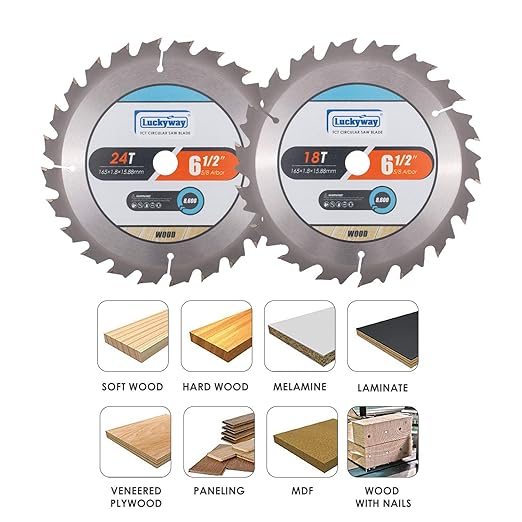 Luckyway 2-Pack 6-1/2 Inch 18T&24T Framing with 5/8 Inch Arbor TCT Circular Saw Blade for Cutting Wood