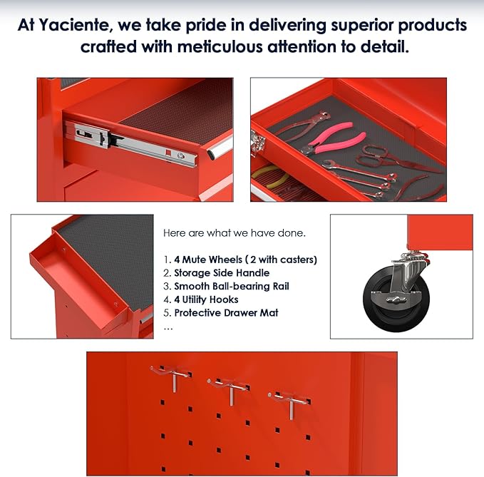 Tool Box with Wheels, 5-Drawer High Capacity Tool Chest with Wheels, Removable Storage Toolbox with Lock for Garage, Workshop and Room Use(Red)