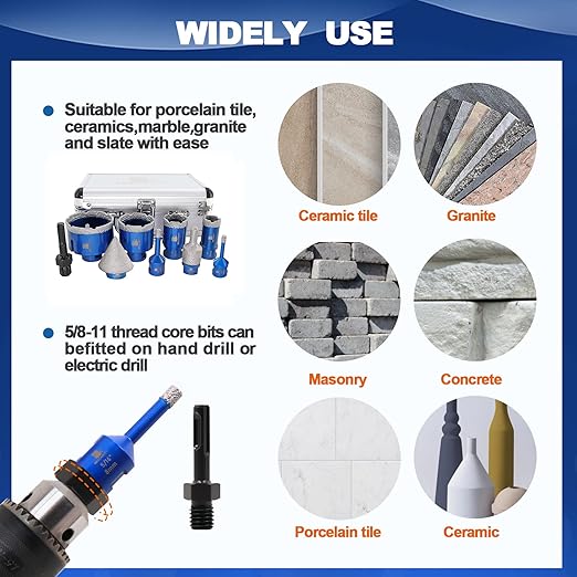 Diamond Core Drill Bit Set BRSCHNITT Diamond Hole Saw for Porcelain Tile Ceramic Marble Granite Drilling with 5/8-11 Thread(6/8/25/35/50/65 Drill bits,10-25mm Finger bit+SDS Adapter&35mm Chamfer bit.