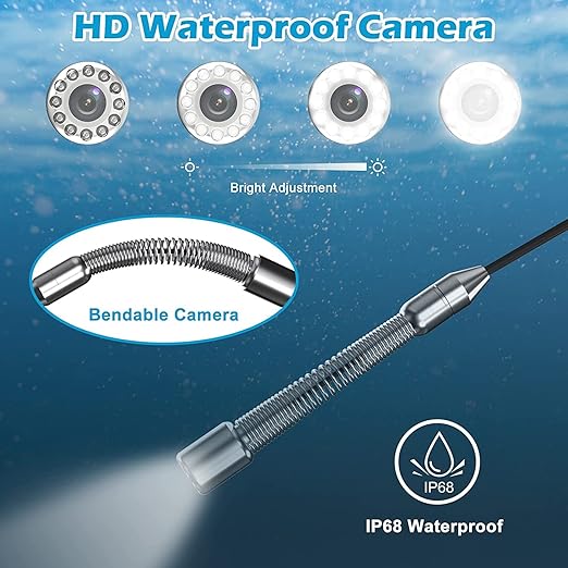 Sanyipace Drain Camera, Sapphire Lens, Remote Control, 5X Zoom in, 1080P FHD, Battery Level Display, 12 Adjustable LEDs, Plumbing Snake, Waterproof Pipe Inspection Camera, 16GB TF Card, 65FT/20M