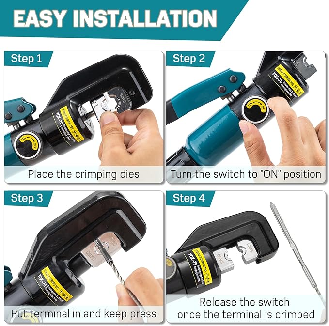 Hydraulic Crimping Tool for Railing - Wire Rope Battery Cable Lug Terminal Crimper with 9 Dies - 12 to 2/0 AWG for 1/8" 3/16" Stainless Steel Cable Railing