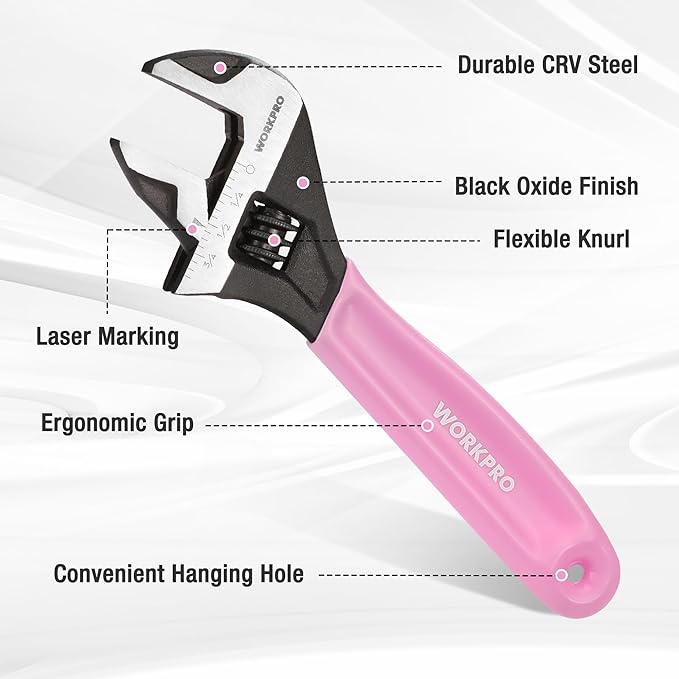 WORKPRO 2-piece Pink Adjustable Wrench Set, 6-Inch & 10-Inch Wrenches, Wide Jaw Black Oxide Wrench, Metric & SAE Scales, Cr-V Steel, for Home, Garage, Workshop-Pink Ribbon