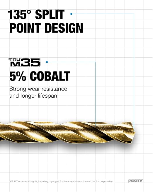 CRALY 3/32 Inch 10-Pc Cobalt Drill Bit Pack, M35 HSS Titanium Coated Jobber Length Twist Drill Bits, 135 Degree Split Point, for Hard Metal, Stainless Steel, Cast Iron, Plastic