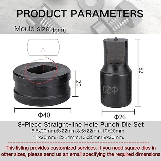 8-Piece Hydraulic Straight-line Hole Punch Die Set - Compatible with CH-70 Machine, Metal Punching Dies for Steel Sheet, Copper Plate, Aluminum Plate (8-Piece Straight-line Hole Punch Die Set)