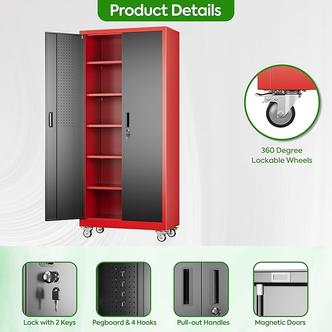 71" Metal Storage Cabinet with Wheels and Pegboard, Lockable Rolling Steel Storage Cabinet with 5 Adjustable Shelves and Door for Garage, Office, Kitchen, Assembly Required,Black and red