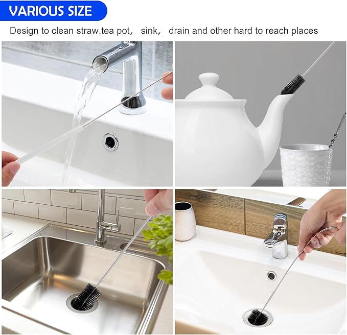 6Pcs Flexible Drain Brush 78 Inch Pipe Cleaning Brush 63 Inch drain cleaner brush 59 Inch Hose Brush and 3 Pcs 9 Inch Straw Cleaner Brush for straws Kitchen Sink Plumbing and Shower Drain Tube (Black)