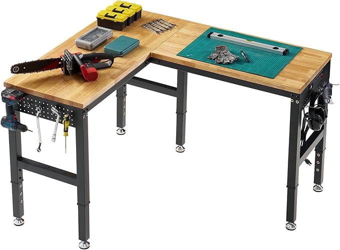 Albott 56"x48" L-Shaped Adjustable Workbench with Storage & Power Strip, Heavy Duty Tool Bench for Woodworking, Garage, Workshop, Home Office, 6000LBS Load, Pegboard & Hooks, ETL Certified