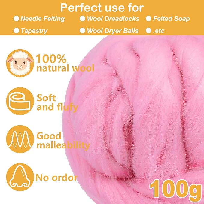 Pink Wool for Needle Felting, 3.5oz Felting Wool, Soft Wool Batting for DIY - Image 2