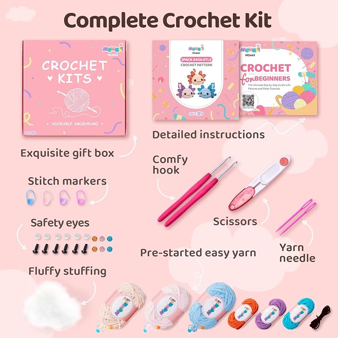 Mewaii Crochet Kit for Beginners, 3 Pack Axolotl Craft Set | 40% Extra Yarn - Image 4
