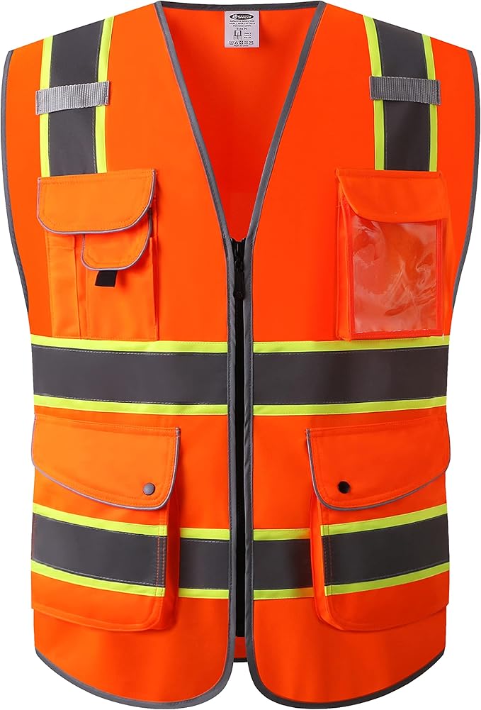 JKSafety 9 Pockets High Visibility Zipper Front Safety Vest | Orange with Dual Tone High Reflective Strips | Meets ANSI/ISEA Standards (901-Orange, Medium)