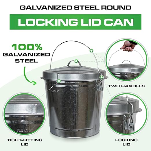 Plexon Silver 10 Gallon Trash Can with Lid Galvanized Steel Stylish Metal Trash Bin Outdoor for Kitchen, Patio, and Camping