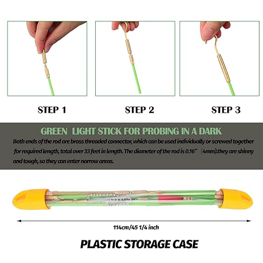 33 Ft Fiberglass Cable Wire Running Pull Push Kit Coaxial Electrical Connectable Fish Tape with Hook and Hole Kit in Transparent Tube Green