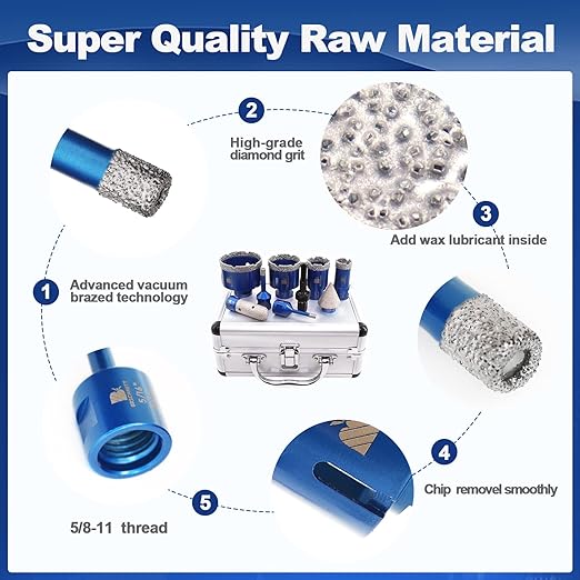 Diamond Core Drill Bit Set BRSCHNITT Diamond Hole Saw for Porcelain Tile Ceramic Marble Granite Drilling with 5/8-11 Thread(6/8/25/35/50/65 Drill bits/20mm Finger bit+SDS Adapter.)
