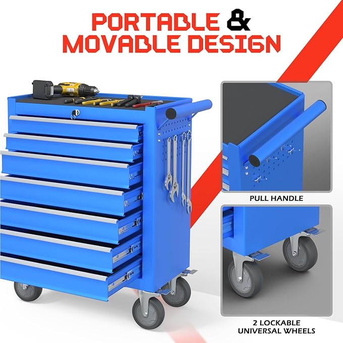 7-Drawer Rolling Tool Chest,Metal Rolling Tool Chest with Wheels and Locking Tool Box,Portable Metal Tool Box for Warehouse,Garage, Repair Shop, Workshop (Blue, 7-Drawer)