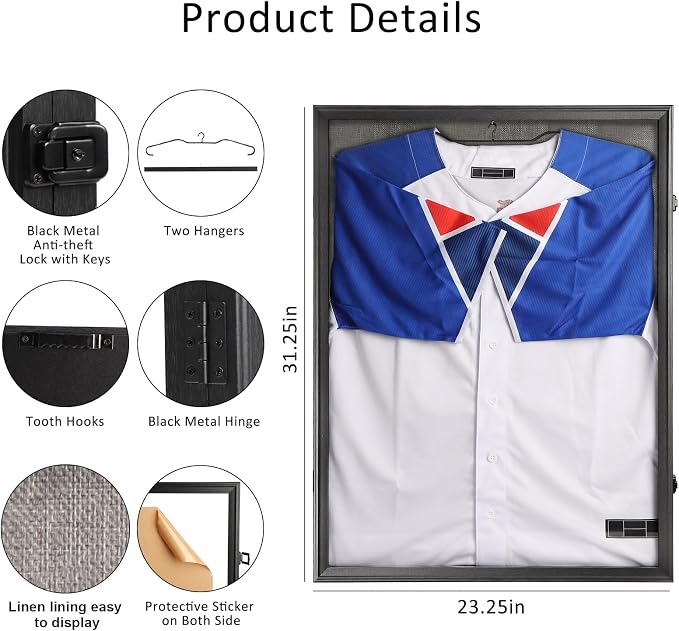 IHEIPYE Jersey Frame Display Case Black Lock, Large Shadow Box Lockable - Image 2