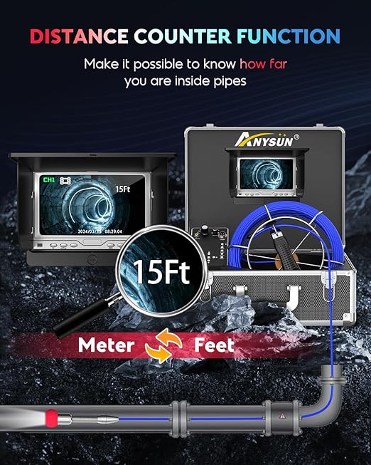 Anysun Sewer Camera Self Leveling with Distance Counter, 100Ft/30M Sewer Drain Camera with DVR Recorder, IP68 Waterproof Pipe Inspection Camera with 16GB Card, 7'' Color HD Snake Camera Borescope