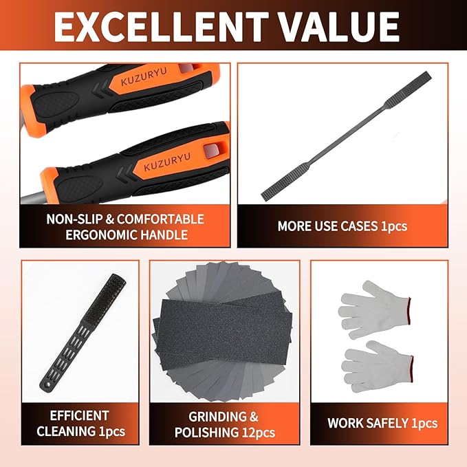 KUZURYU 31PCS Metal File Set - 4 Metal Files for Steel and 12 Needle Files with Steel Brush, Tool Bag, Riffler File, 12 Sandpaper and Gloves, Suitable for Metal and Wood Processing