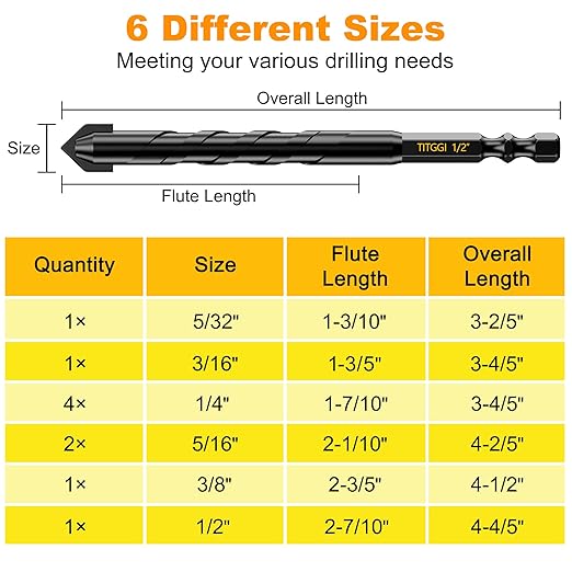 Masonry Drill Bit Set & Concrete Drill Bit Set, Professional Industrial Strength Carbide Drill Bits Tip (10PCS) for Concrete/Glass/Brick/Cement/Tile/Wood/Etc, 5/32"-1/2" by TITGGI