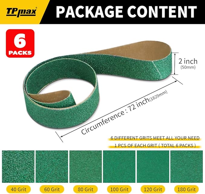 6 Pack 2 x 72 Inch Zirconia Ceramic Sanding Belts Kit – 40, 60, 80, 100, 120, 180 Grits Premium Metal Grinding Belts for Knife Sharpening, Stock Removal, and Bevel Work