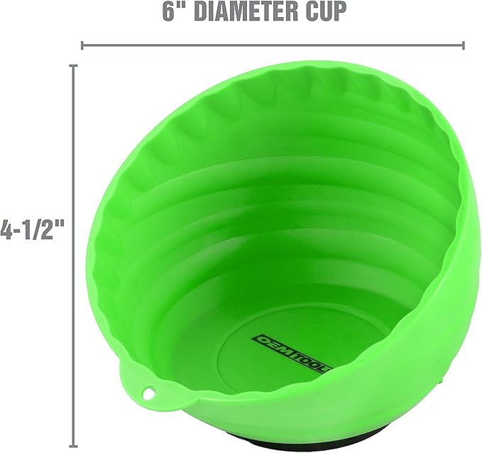 OEMTOOLS 25115 Green Magnetic Nut Cups, 2 Pack, Each Curved Magnetic Parts Tray Holds Up to 5 Pounds, Attaches To Metal Surfaces, Multi-Use Nuts And Bolts Organizer Set Made From Durable ABS Plastic