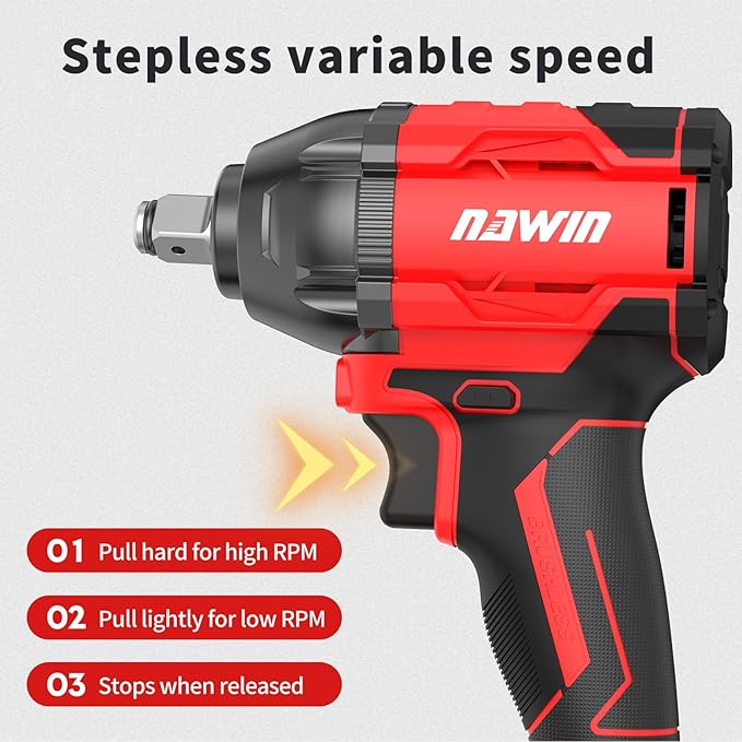 NAWIN Cordless Impact Wrench, 258Ft-lbs & 350Nm Power Impact Socket Set, 1/2 inch, Multi-Speed Adjustment, Led Light, 20V Impact Wrench with 2×4.0Ah Battery, Fast Charger