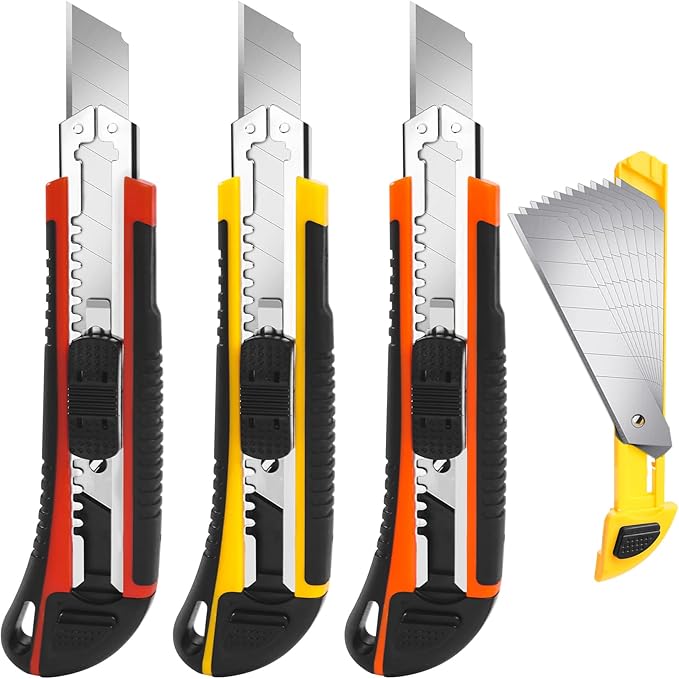 3-Pack Box Cutter Utility Knife | Ultra Sharp Blade with Anti-Slip Rubber Handle | Exacto Cutter for Leather, Rubber & Cartons