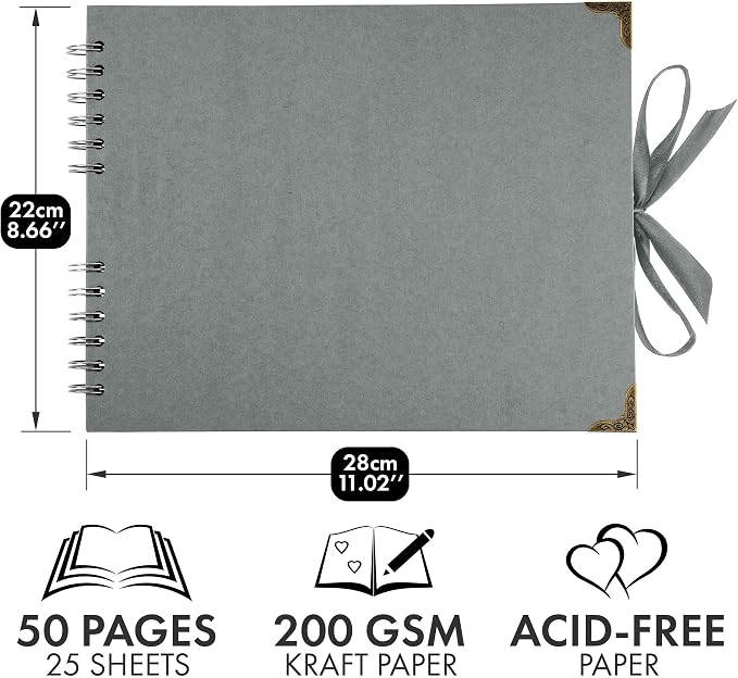 Bstorify Square Scrapbook Photo Albums 50 Pages Grey Thick Paper, Ribbon Closure - Image 2