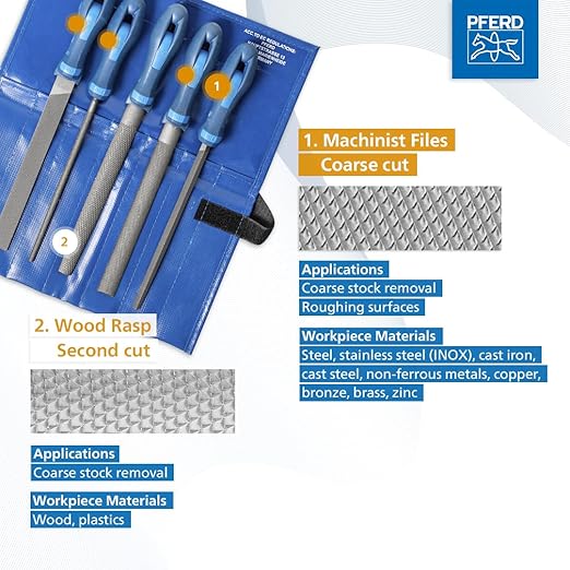 PFERD 5-Piece 8" Machinist File Set – Bastard Coarse Cut – With Ergonomic Handles & Plastic Pouch – For Universal Roughing & Finishing – Part 16078