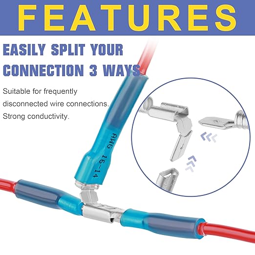 haisstronica 200PCS Heat Shrink Piggyback Spade Connectors, 22-10 AWG Piggyback Wire Connectors, Quick Disconnect Piggyback Terminals (3Colors/3Sizes)