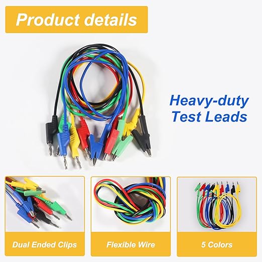 5PCS Multimeter Banana Plug to Crocodile Alligator Clip, 4mm Stackable Colorful Silicone Banana Plug to Alligator Clip, Soft Flexible Electrical Test Probe Lead Wire Cables 1M