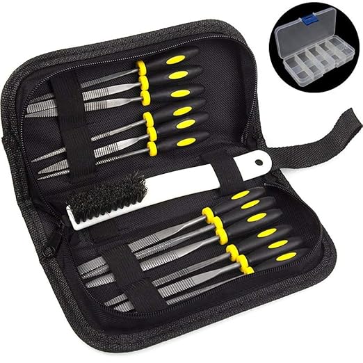 Wood Rasp File Kit - 12 Assorted Small Metal Needle Files Set with Bristle Brush and Hand Strap Carrying Case (Rasps included 2 Sizes of Flat, Pointed Flat, Round, Half Round, Square, Triangle)