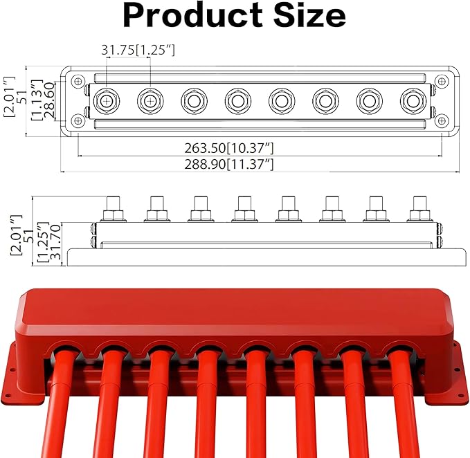 IZTOSS 2Pcs 600 A Bus Bar 12 V Power Distribution Block 8 x 3/8"(M10) Terminal Studs,Battery Bus Bar 48 V DC Positive & Negative Battery Terminal Block for Marine Automotive RV Truck