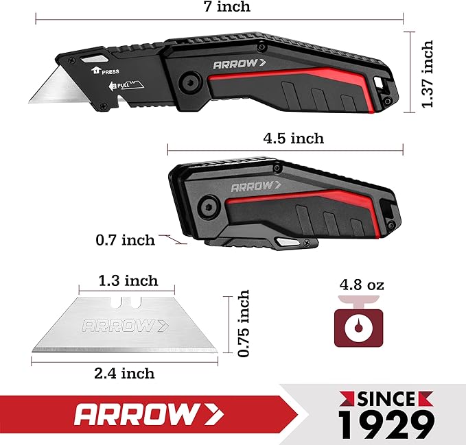 ARROW Folding Utility Knife, Quick-Change Box Cutter with Belt Clip, Liner Lock, Heavy Duty Aluminum Razor Knife with Comfortable Handle, 10 Extra SK2 Blades Included