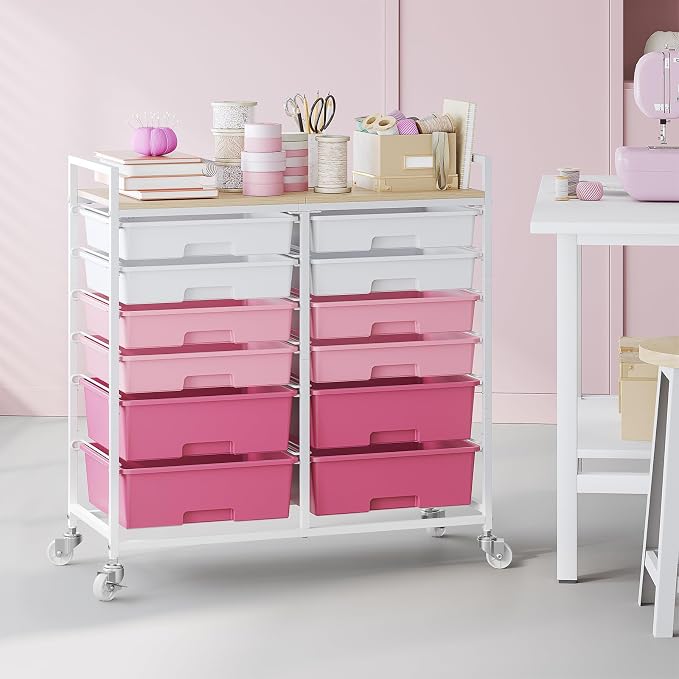 Rolling Storage Cart with 12 Drawers, Wooden Tabletop Utility Cart - Image 8