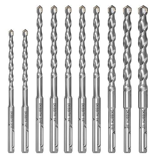10-Piece SDS Plus Drill Bits Rotary Hammer Drill Bit Set, Carbide Tipped for Drilling Concrete Cement Porcelain Tiles Ceramic Pots Stone Brick, Dia 3/16" 1/4" 5/16" 3/8" 1/2"